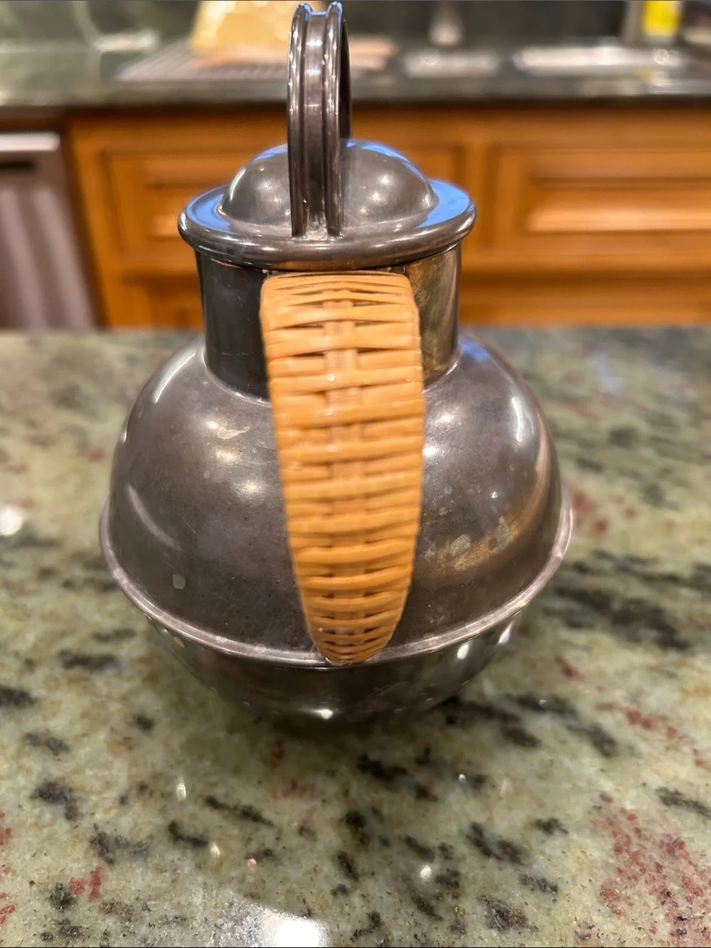 Antique E.G. Webster Silver Plate Personal Teapot Wicker Rattan Handle Monogram